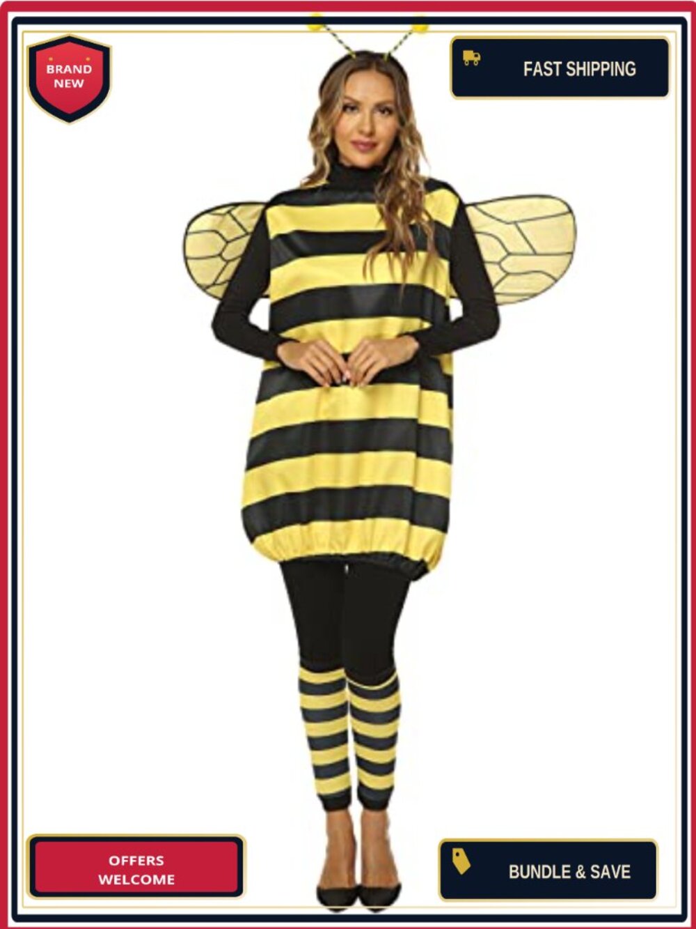 Women's Bee Costume Dress with Wings Headband Leg Sleeves Striped Polyester